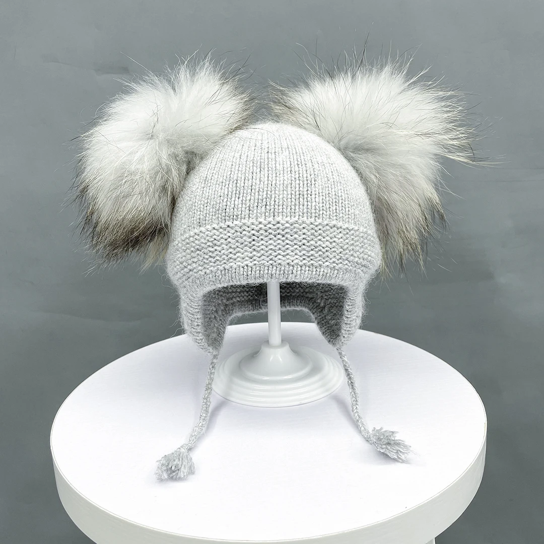 Infant Beanie Hat with Earflaps, Angora, Soft, Warm, Fur, Pom Pom