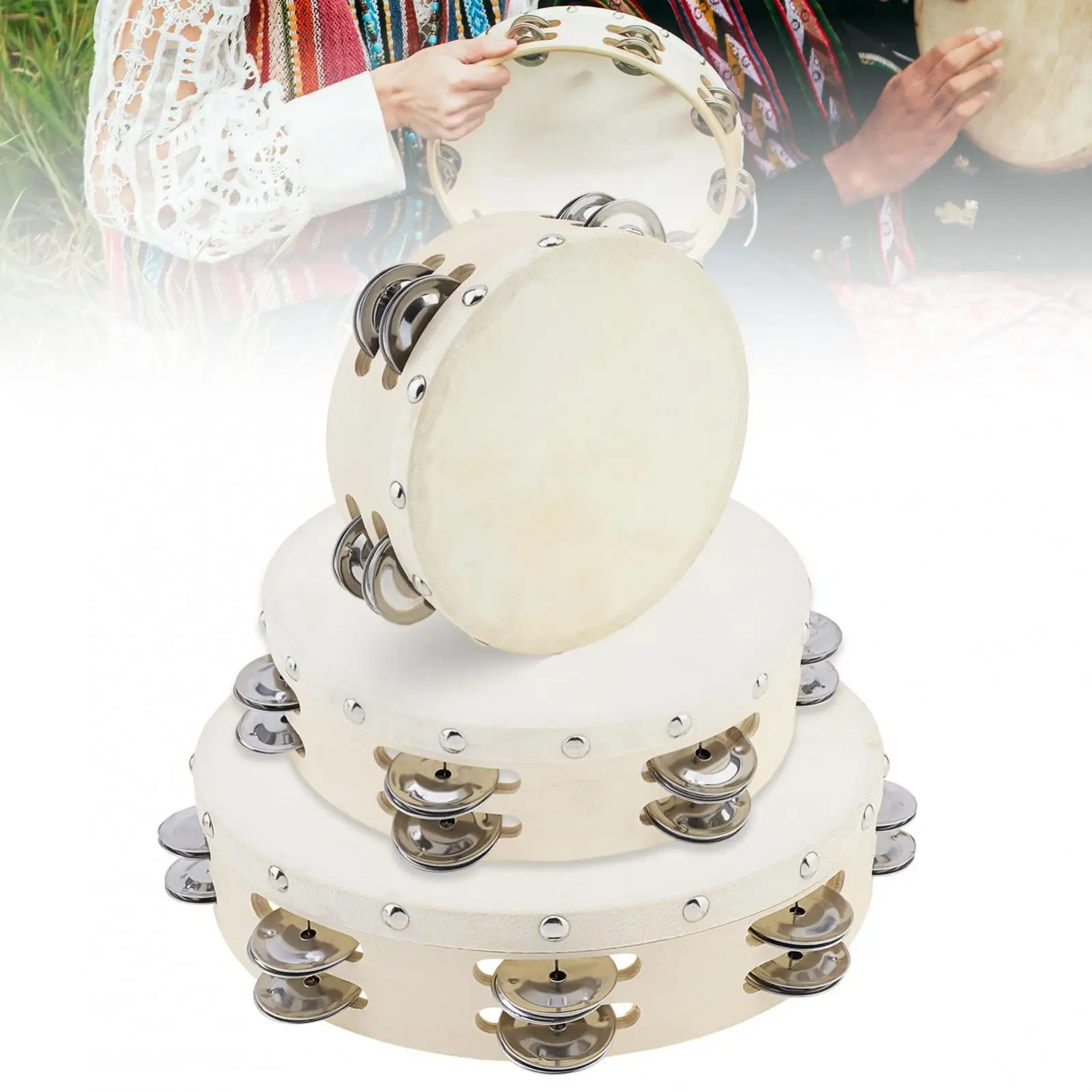 Double Row Jingles Tambourine Handbell Hand Drums 6/8/10 inch for Church Dance Party KTV