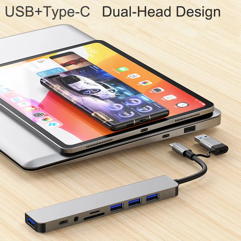 

Концентратор USB Type-C, док-станция, мульти-адаптер, устройство для чтения SD-, TF-карт, 3,5 аудио, мультиконцентратор, док-станция, разветвитель для MacBook Pad, ПК