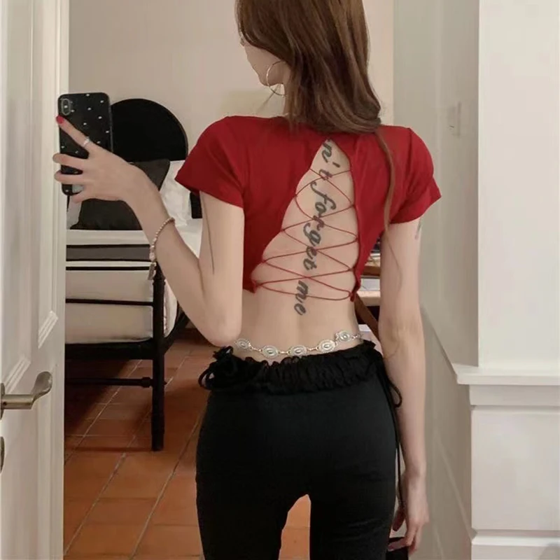 Women's O-neck Backless T-shirt Short Sleeve Solid Color Crop Top Summer Cute Baby Tee Y2K Clothes Skinny Tunics Fashion Tops