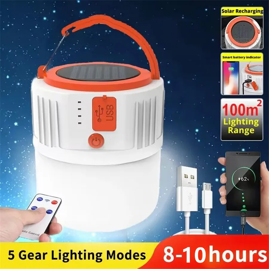 

Portable Solar Led Camping Light Outdoor Waterproof Remote Tent Lamp USB Rechargeable Lanterns Emergency Lights for Hiking BBQ