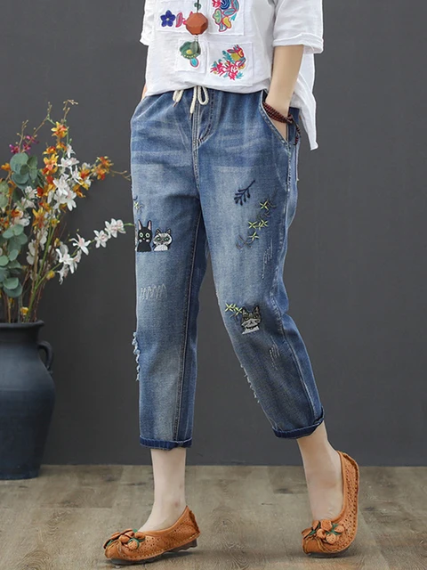 Elastic Jeans with cats embroidery