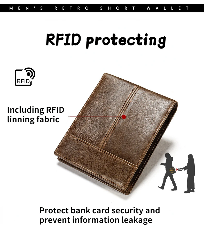 Genuine Leather Wallet for Men RFID Design Bifold Wallets Luxury Brand Vintage Small Male Purse Zipper Coin Pocket Card Holder