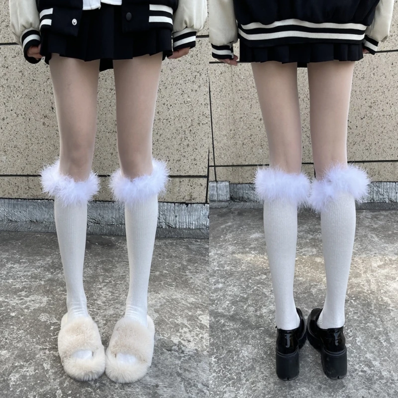 Japanese Women Girls Furry Feather Trim Knee High Socks Uniform Preppy Style Solid Color Boots Stockings Leg Warmer