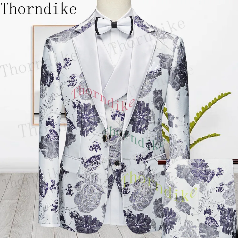 Thorndike New Men Casual Boutique Business Slim Print Flower Single Breasted Formal Suit Set Dress Blazers Jacket Pant Vest