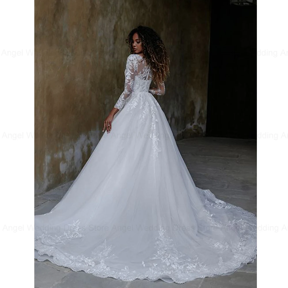 ANGEL Luxury Wedding Dresses For Bride Long Sleeves O-Neck Lace Applique Brdie Gowns Tulle A-Line Vestidos De Novia