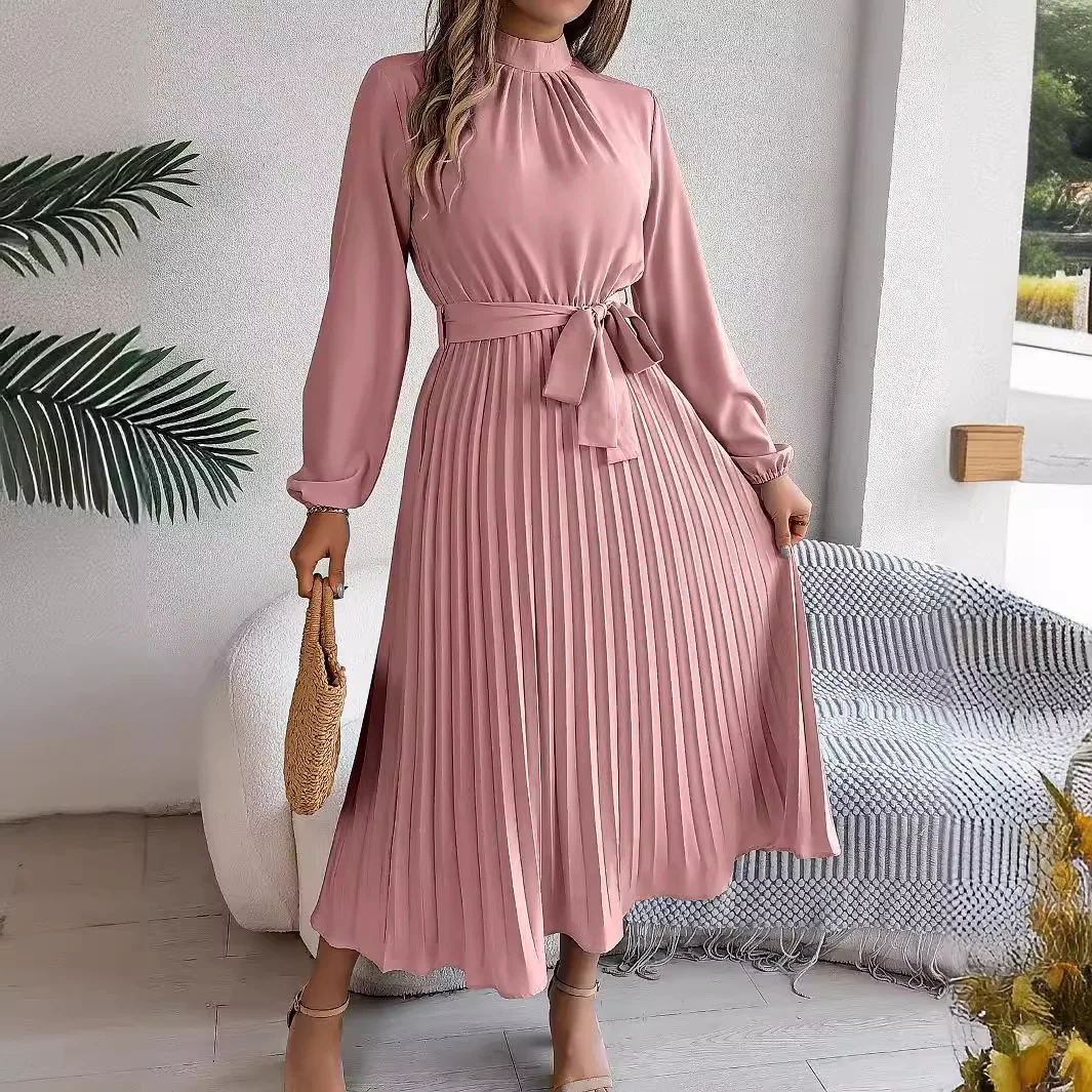 Women's Elegant Stand Collar Long Sleeve Pleated Long Dresses 2025 Spring Autumn Ladies Solid Lace-up Pleated Party Midi Dress 3