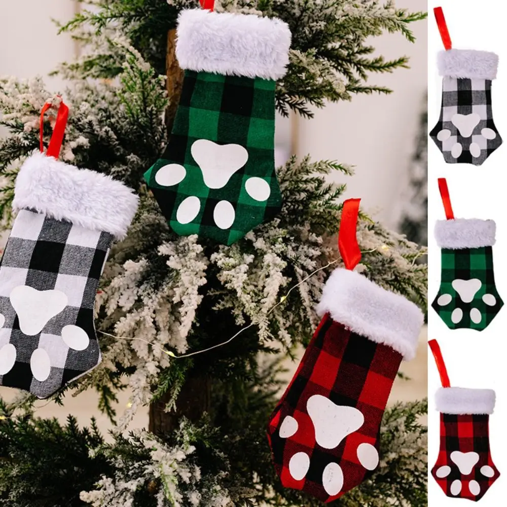 Christmas Stocking Dog Claw Socks New Year Candy Gift Bag Xmas Tree Fireplace Hanging Decoration Red Black