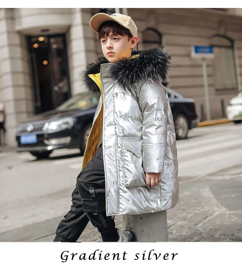 30 Grad russische Winter-Jungen-Daunenjacke, wasserdicht, glänzend, dick, warm, Jungen-Oberbekleidung, Mantel, 5–12 Jahre, Parka-Outfit für Teenager – Detail 12