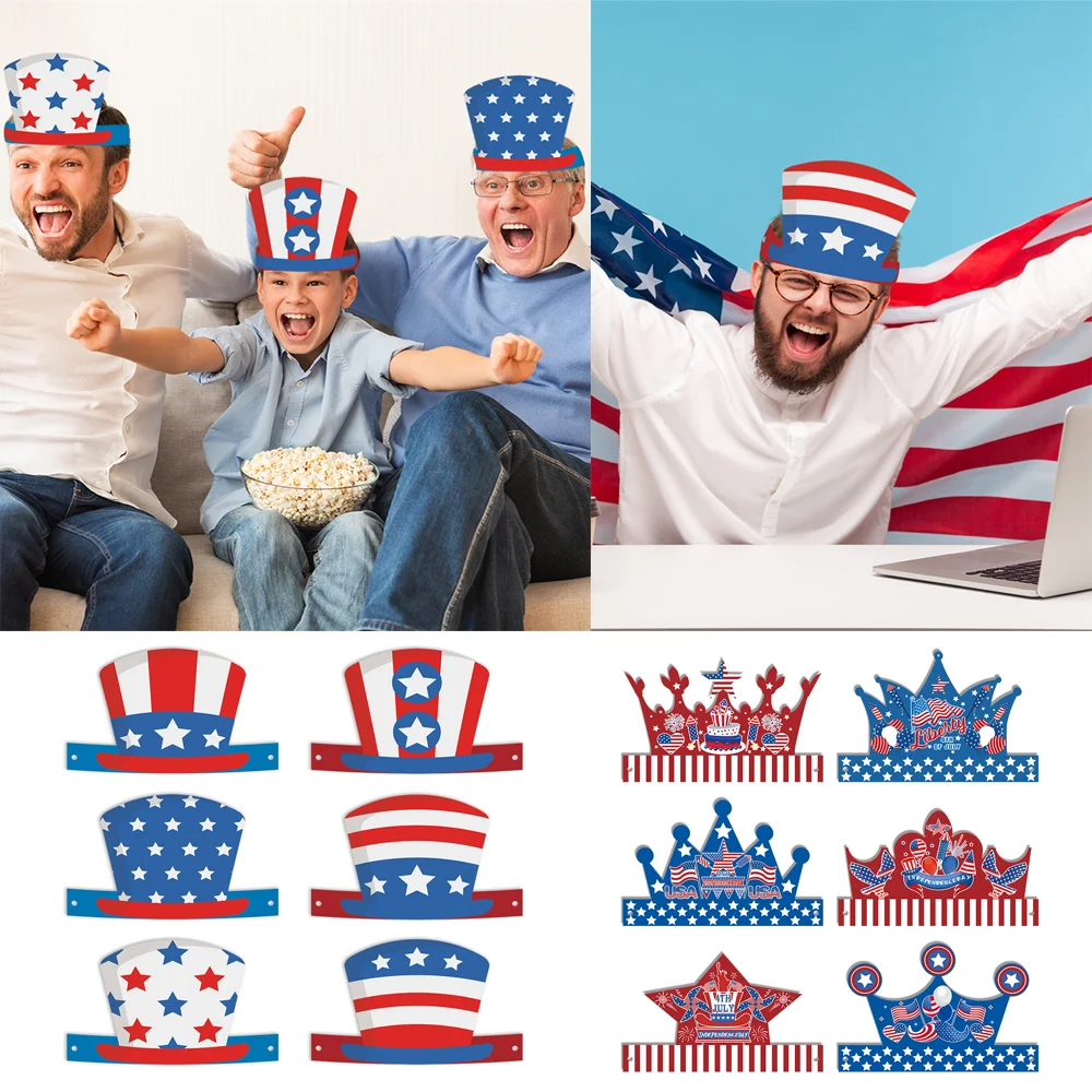 

6Pcs/set 2023 US Independence Day Cartoon Paper Hat for Kids Adults USA Theme Gift 4th of July Holiday Decoration Supplies