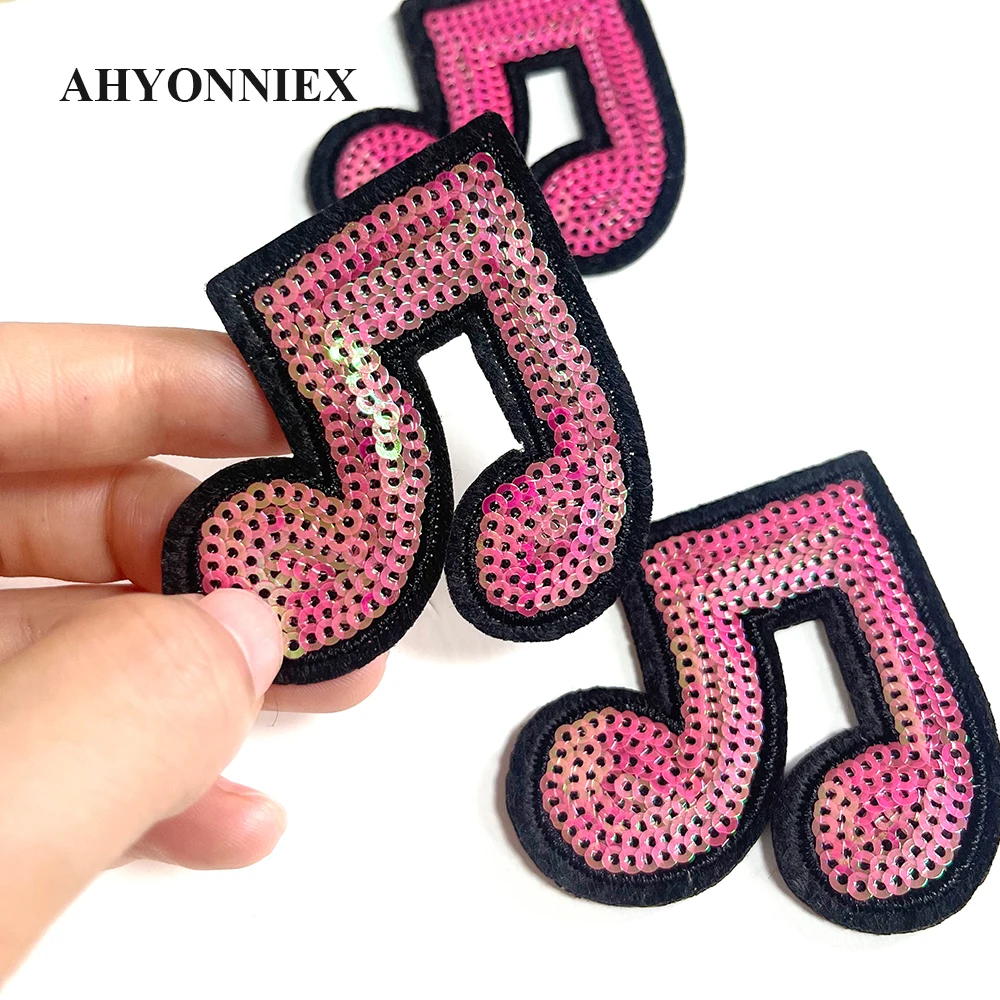 10 Stück rosa Pailletten Musik Note Patch für Kunst Kleidung Applikation für Jeans DIY Accessoires niedlichen Eisen auf Patches
