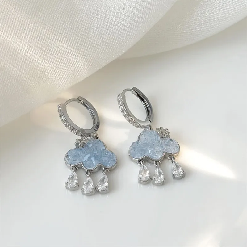 Cute Fashion Blue Zircon Cloud Pendant Hoop Earring for Women Water Drop Huggie Y2K Party Jewelry Accessories