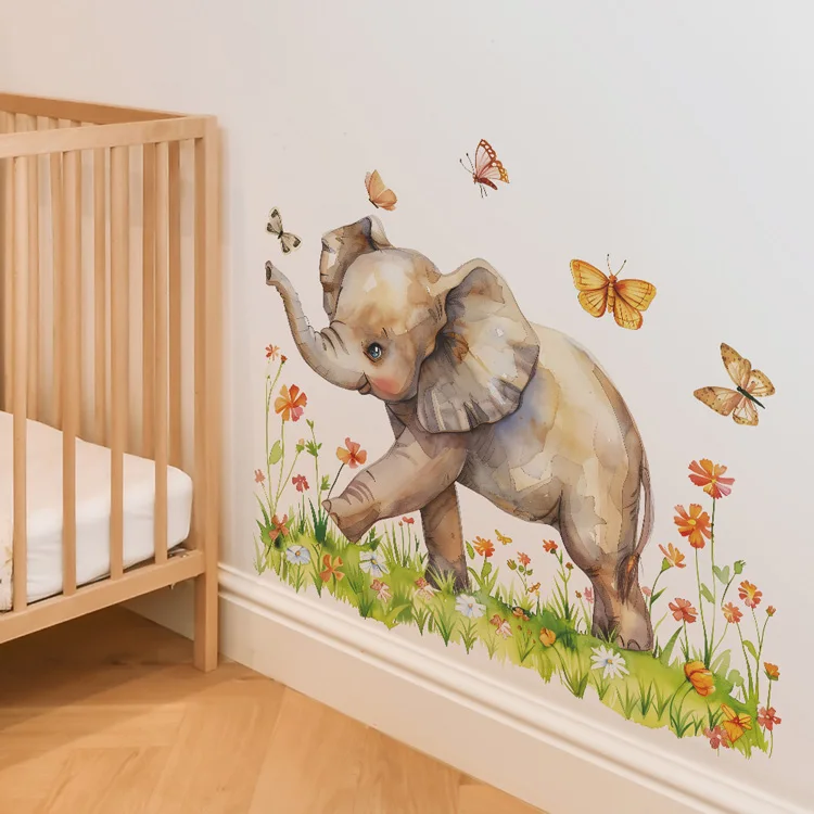 Cartoon-Aquarell-Elefant-Wandaufkleber für Kinderzimmer, Dekoration, Wandbild, Baby-Schlafzimmer, Verschönerung der Heimdekoration, selbstklebende Aufkleber – Detail 6