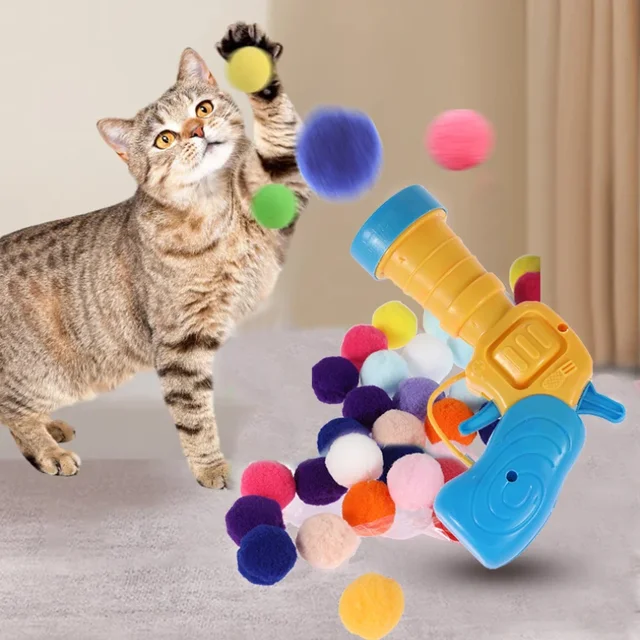 1Set Creative Interactive Launch Training Cat Toys Kitten Mini Pompoms Games Stretch Plush Ball Toy Cat Supplies Pet Accessories 5