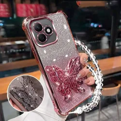 Shockproof Glitter Plating Case with Crystal Bracelet and Butterfly Bracket Holder for HONOR 400 (Pink)
