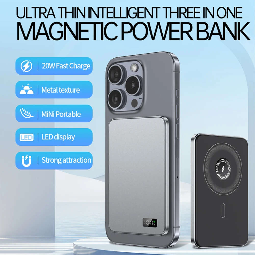 3-in-1 Power Bank for MagSafe,Thin Magnetic Wireless Powerbank 20W Portable Battery for Apple Watch iPhone 16 15 14 13 12 series 6