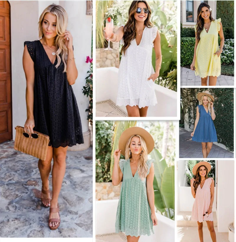 

Lace Hollow Out Casual V Neck Sweet Short Ruffle Sleeves Sundress Women Summer Dress with Pocket