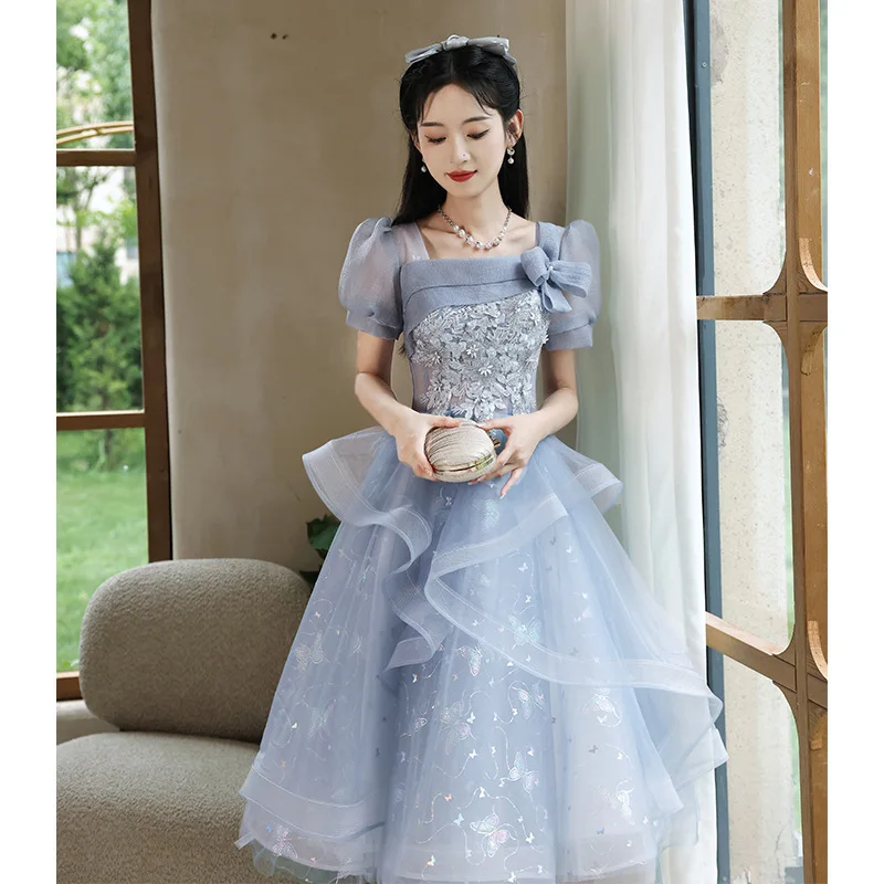 Blue Short Evening Dresses With Puff Sleeve Fashion Square Collar Vestido De Noche Sweet Lace Applique Tulle Suknie Wieczorowe