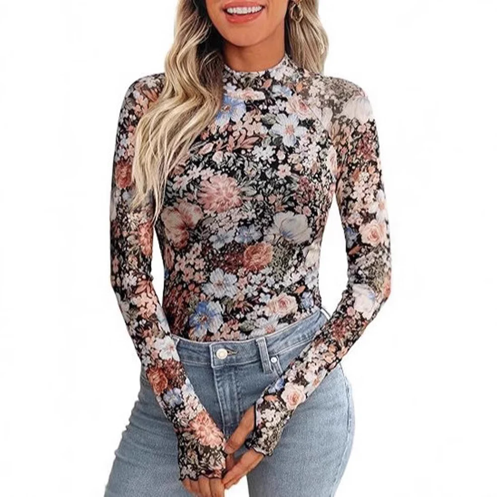 Women Floral Print Long Sleeve Slim Fit T Shirt Summer