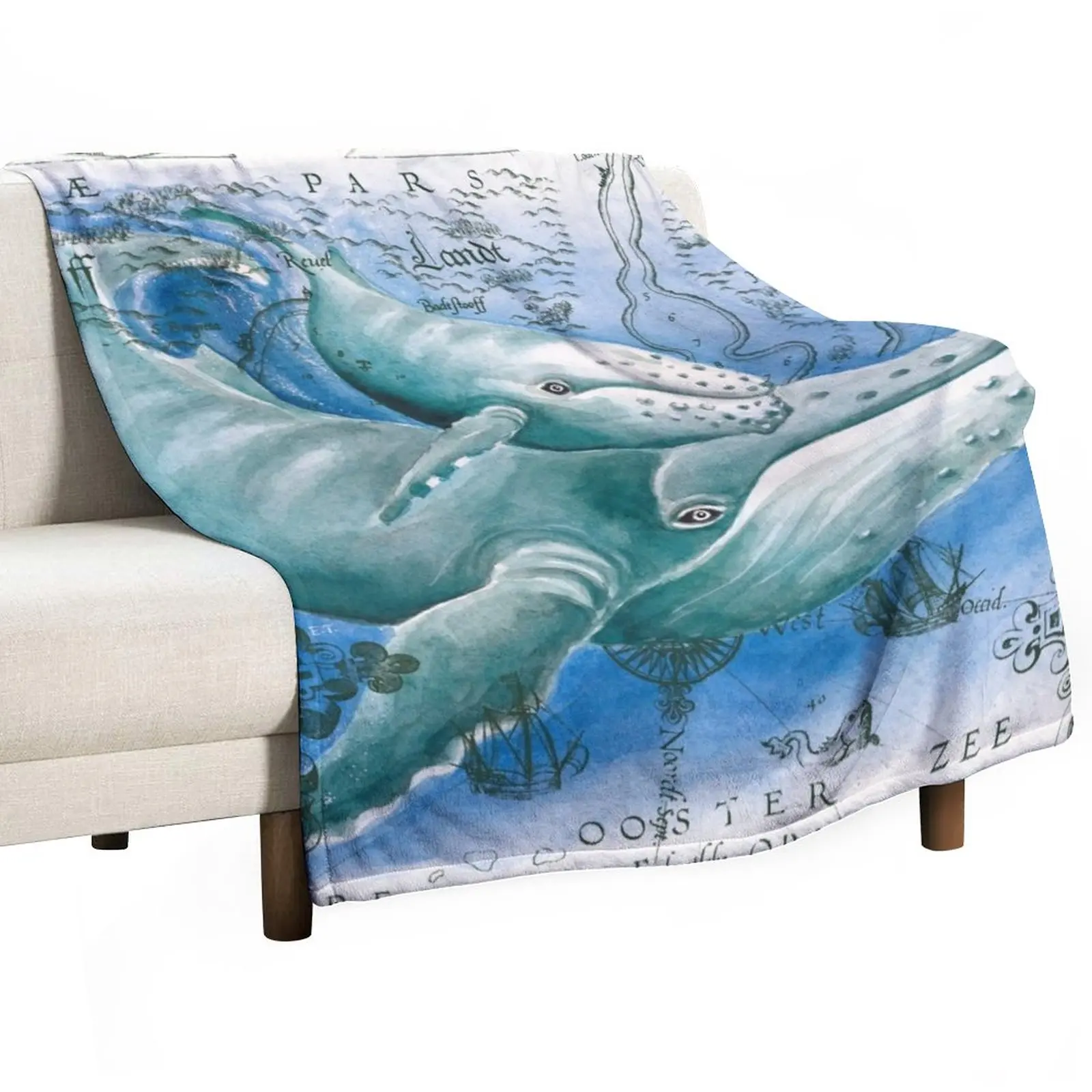 

Humpback Whales Family Vintage Map Watercolor Throw Blanket Hairy Plaid on the sofa Blankets