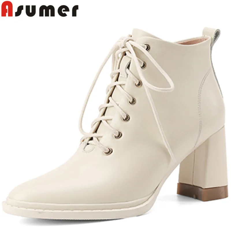 

ASUMER 2022 New Narrow Band Thick High Heels Platform Ankle Boots Genuine Leather Boots Woman Zipper Ladies Dress Shoes