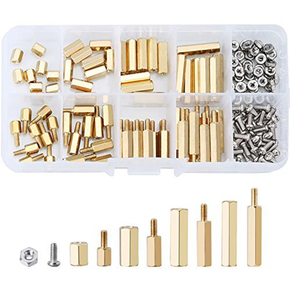 180pcs m2.5 male and female hex brass washer press riveting stud screw nut mixed set