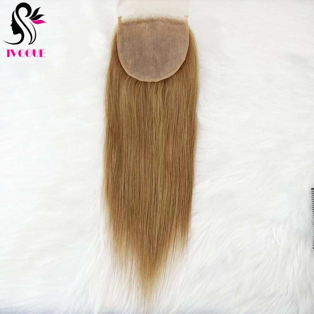

Honey Blonde Silk Base Closure Human Hair 5*5 Silk Top Lace Closure Straight Free Part Pre Plucked with Baby Hair Color #27