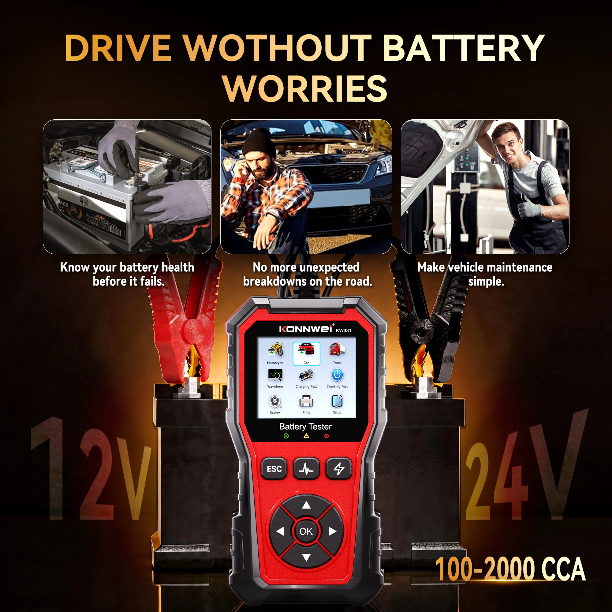 KONNWEI Car Battery Tester KW331, 6V 12V 24V 100–2000 CCA Cranking Charging System Analyzer Tool for Cars Motor Trucks and DIY Users 2026 - Image 4