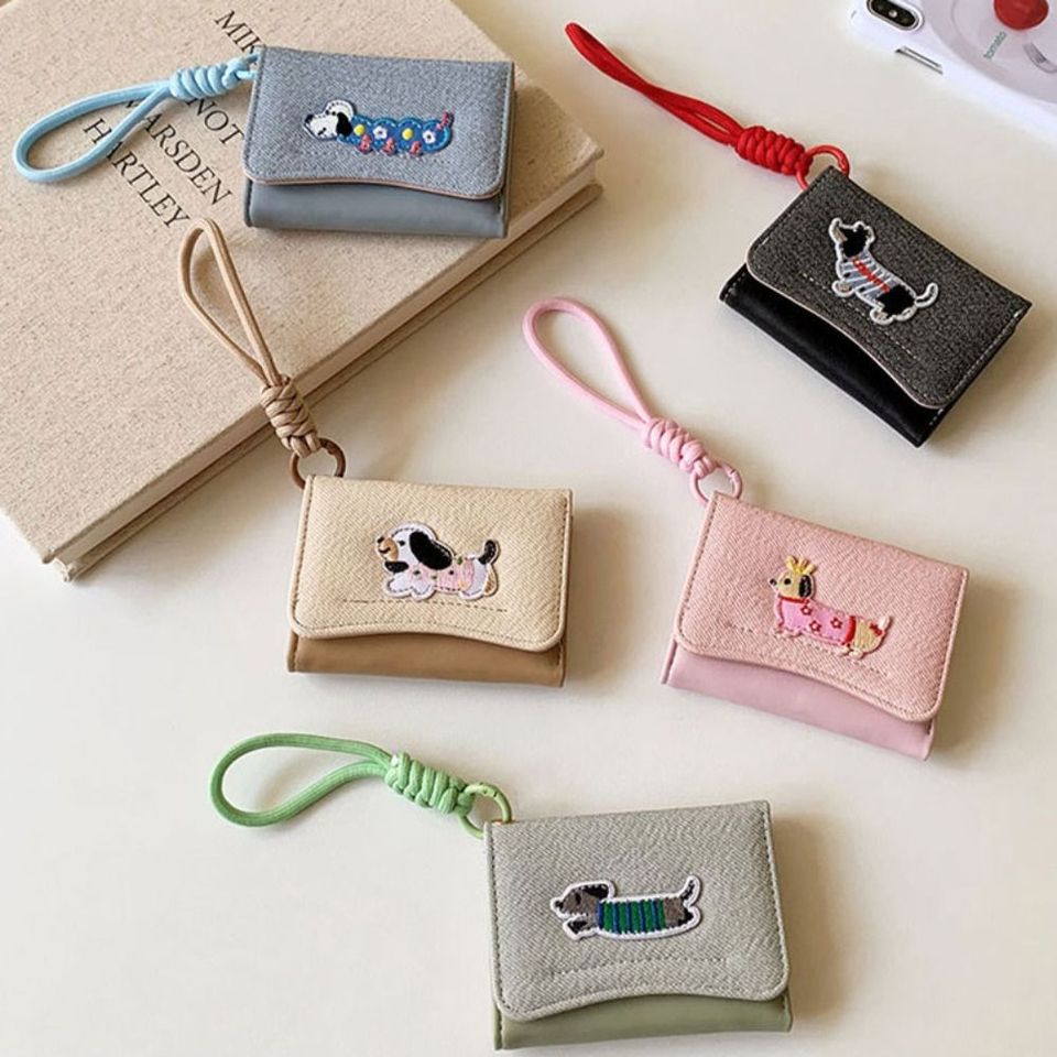 Ins Sausage Dog Cloth Patch Korean Cute Simple Card Bag Multi functional Women's Anti Loss Hanging Rope Wallet