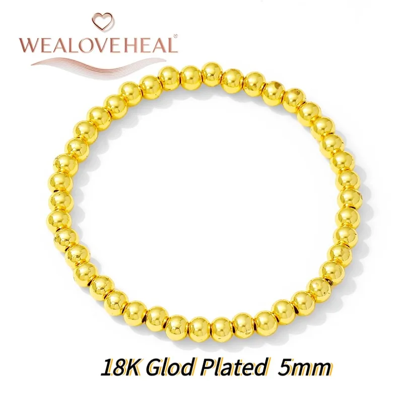 18K vergoldetes Messing Metall Runde Gold Kugel Perlen Armbänder für Damen Herren Schmuck, 4/5/6mm Perlenstrang elastisches Armband – Detail 20