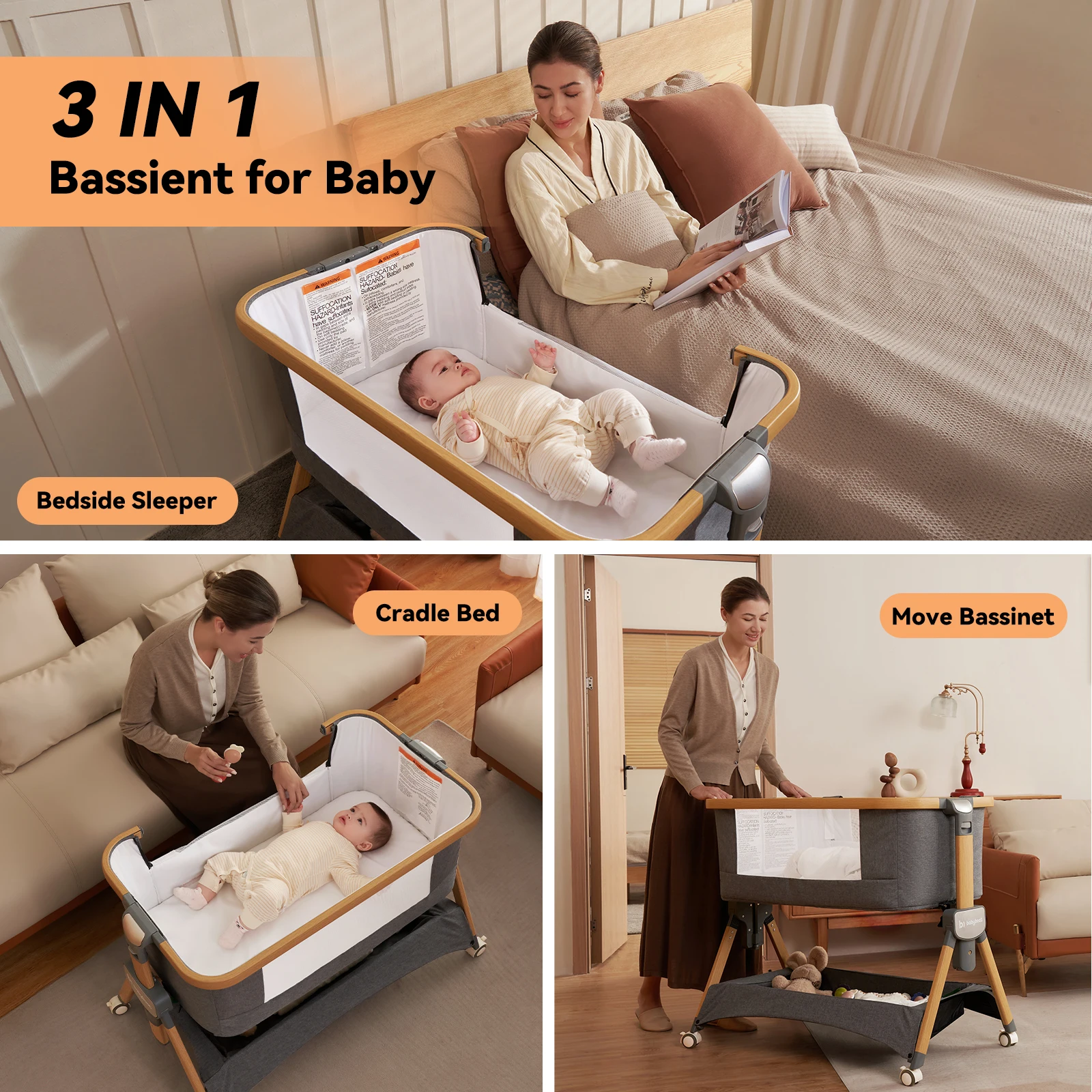 Cozy2 Baby Bedside Bassinet Sleeper Portable Travel Bassinet with Bigger Wheels 3 in 1 Crib with Mattress, Storage Bask