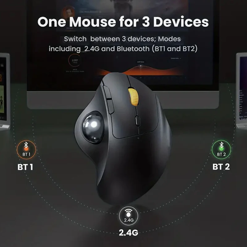 Mouse Trackball Recarregável sem Fio 2.4g Plus Bluetooth Ergonômico Fácil Controle do Polegar Jogos Computador - Imagem 3