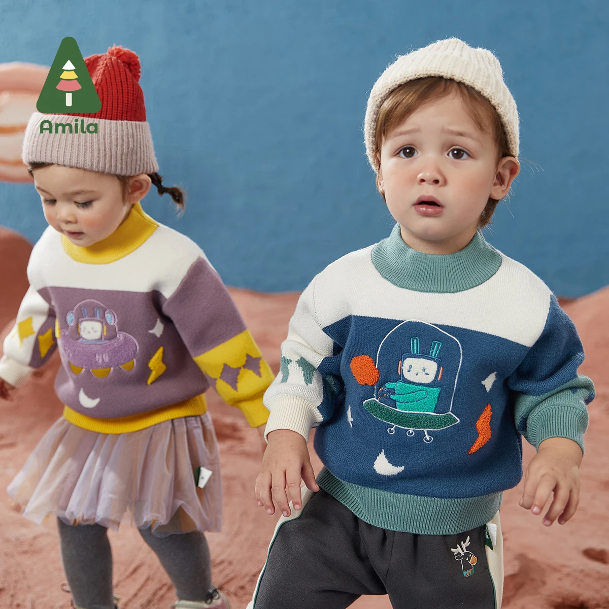 Amila Babieas Sweater Winter Baby Girls Children's Cartoon Embroidered Alien Pattern Tops Boys Casual Fashion Clothing