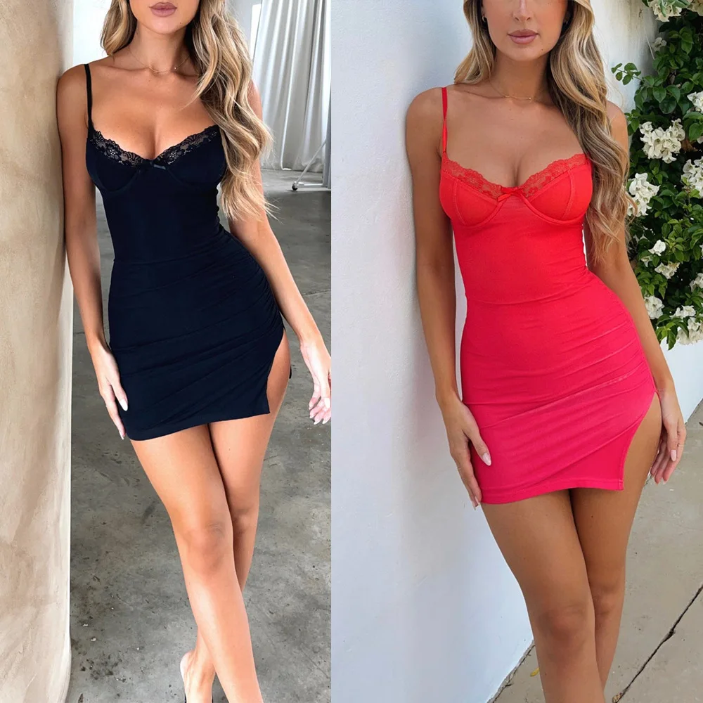 

BKLD New Spaghetti Strap V-Neck Dress Fashion Lace Patchwork Split Bodycon Short Dresses Vacation Outfits For Women 2024