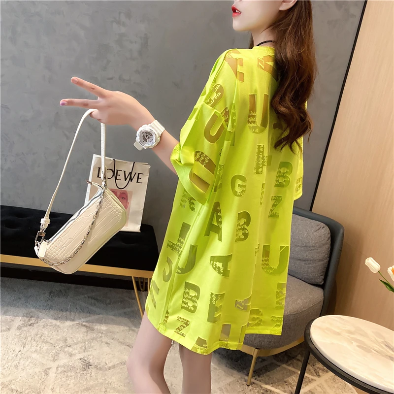 여성용 반팔 레터 할로우 아웃 티셔츠, 여성용 얇은 루즈 티셔츠, 하라주쿠 스트리트웨어, 섹시 핑크, 0606 네온 옐로우