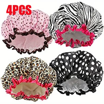 1PC Cuffia da doccia impermeabile Stampa leopardata Doppio strato Elastico Doccia Copertura per capelli Riutilizzabile Punto d'onda Cuffia da doccia Forniture per il bagno 1