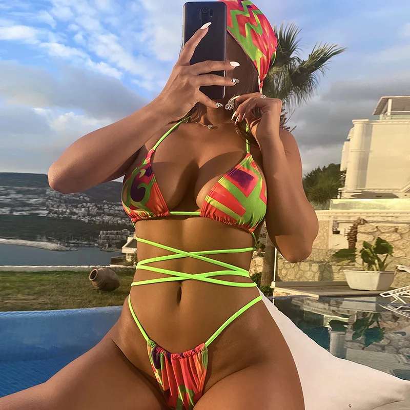 Halter Printed With Hairband Bikini 2024 Female Swimsuit Women Swimwear Three-pieces Bikini set Bather Bathing Suit Swim Lady