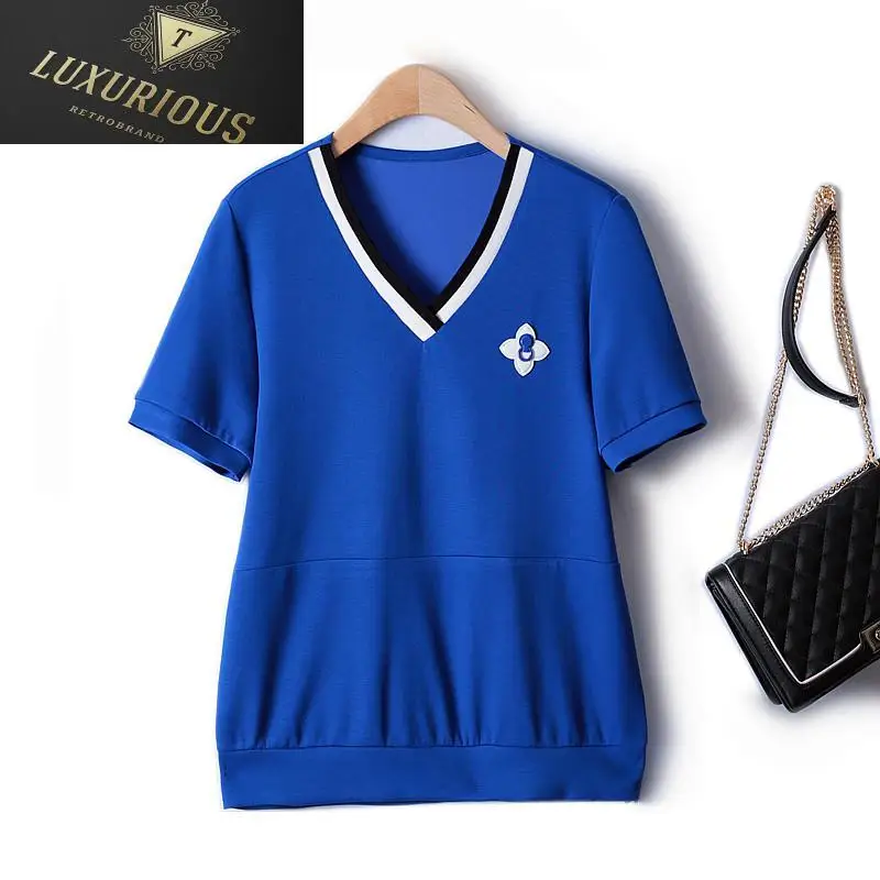 

Fashion Woman Blouses 2024 New Space Cotton Soft Waxy V-neck Straight Solid Short-sleeved Women's T-shirt Casual Top Summer 4XL
