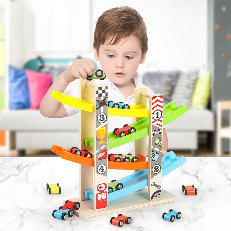 4/7 Track Wooden Ramp Racing Toddler Toy Car Set Montessori Educational Toy Game Mini Inertia Slide Roller Coaster Racing 2