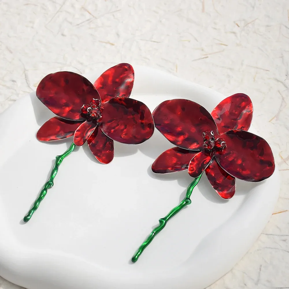 Big Flower Dangle Earrings Alloy Bohemian Fairy Earrings Enamel Design Red Flower Gift