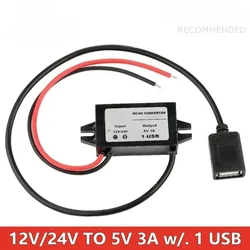 Universal Car Buck Converter 12V/24V to 5V 3A DC - DC Step Down Voltage Power Supply Adapter - 5V 3A (Single Square USB)