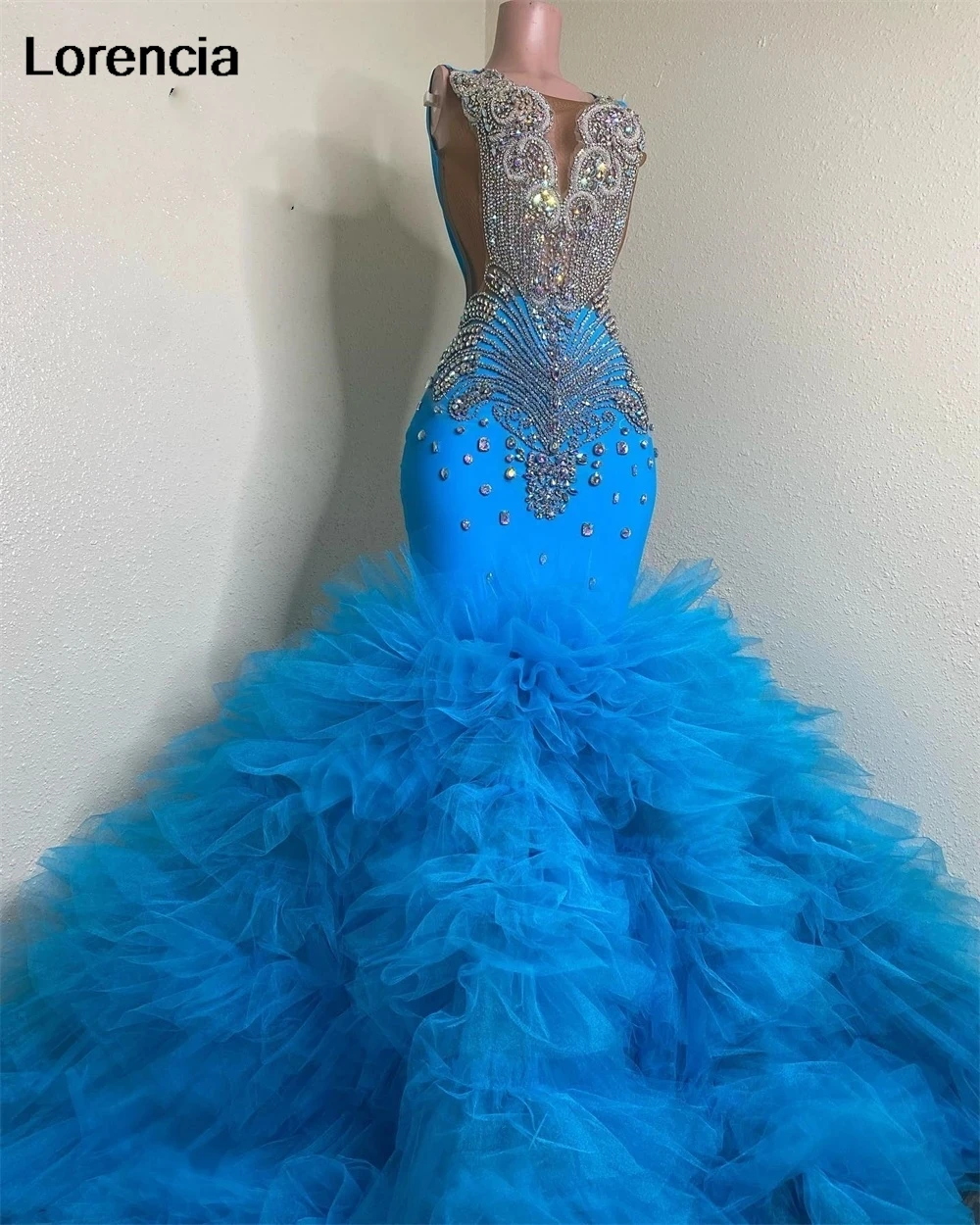 

Lorencia Luxuy Diamonds Long Prom Dress 2024 Sparkly Beads Rhinestone Crystal Tiered Ruffle Formal Evening Party Gown YPD000