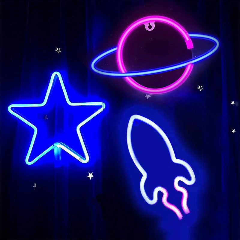 Insegne Al Neon Alien Face Earth Planet Rocket Led Neon Light Per Forniture Per Feste Accessorio Per La Decorazione Della Stanza Dei Bambini Decorazio