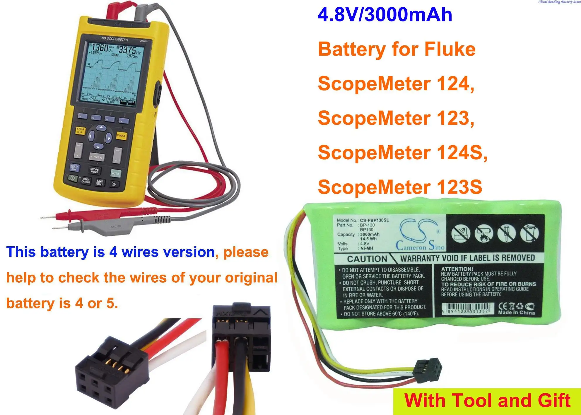

OrangeYu 3000mAh Battery for Fluke ScopeMeter 123,123S,124,124S, Please Check the wires of battery, this is 4 wires version