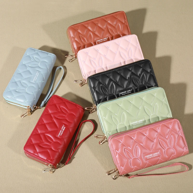 Elegant Faux Leather Women's Wallet: Solid Color Clutch with Double Zippers and Wristband