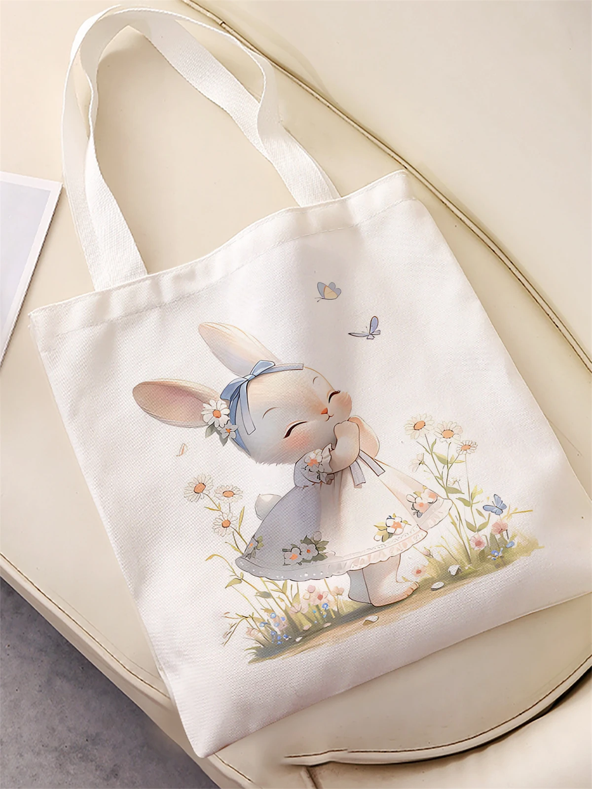 Rabbit pattern printed casual handbag, reusable fashionable backpack, multifunctional handbag, canvas shopping bag