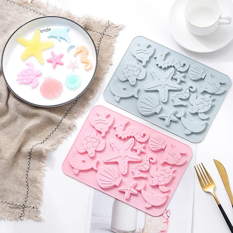 Lovely Shell Starfish Silicone Chocolate Mold Fish Dolphins Fondant Cake DIY Decorating Tools Clay Resin Art Moulds Kitchen Tool