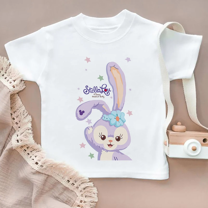 

Children StellaLou Stitch Fashion T-shirt Cotton 2022 New Summer Printing Clothes Baby Tops Crew Neck Harajuku White Girl Tee