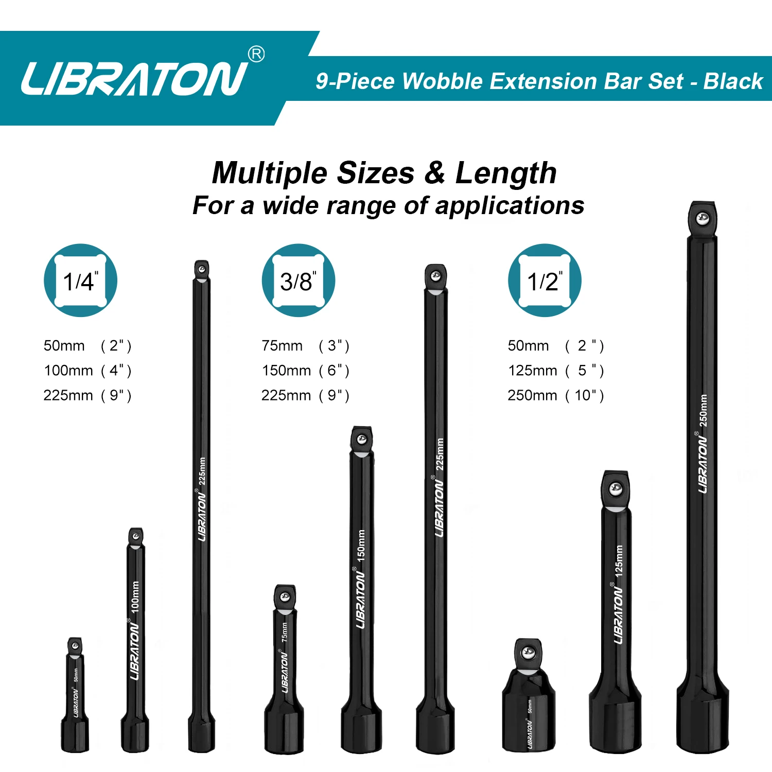 Libraton 9Pcs Wobble Socket Extensions Set, Ratchet Extensions 1/4" 3/8" 1/2", Wobble Extensions, Drive Socket Extension 2