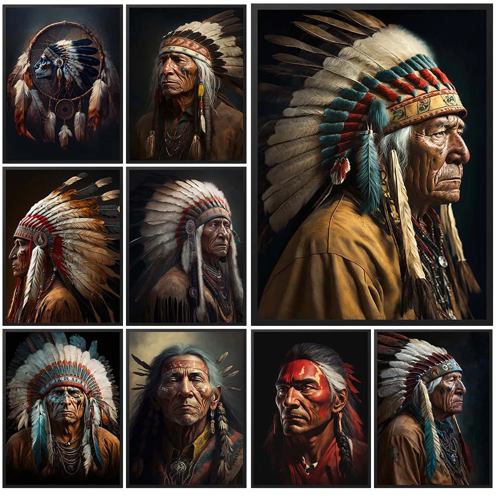 

Indian Feather Headwear Race Chief of a Tribe Poster Wall Art Canvas Painting Home Decor Wall Pictures For Living Room Unframed